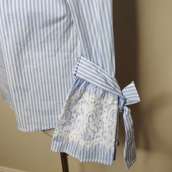Worthington Blue Striped Top Flared Sleeve Lace Tie Cuff - Picture 5 of 9